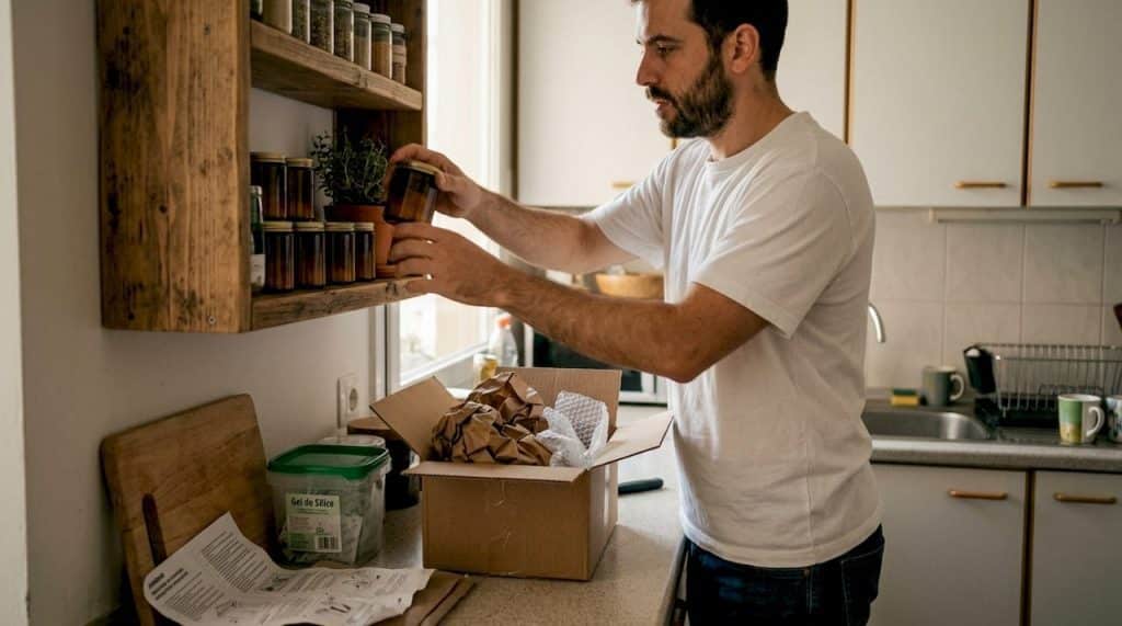 Colocando mis frascos de CBD de manera ordenada en la repisa de la cocina