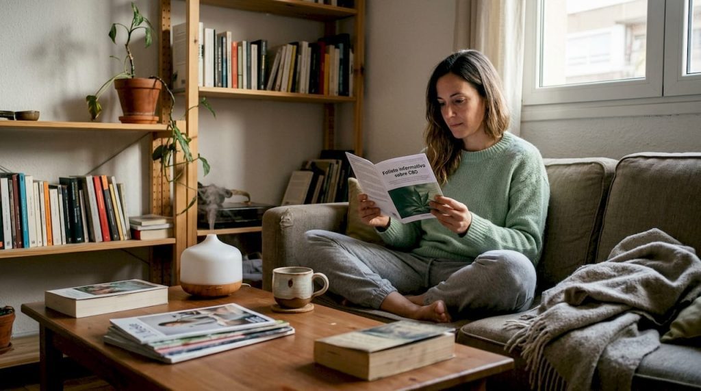 Mujer hojeando un folleto informativo sobre CBD en una sala de espera
