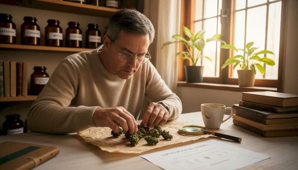 Un experto en botánica examina cuidadosamente las flores de cáñamo ricas en CBD.