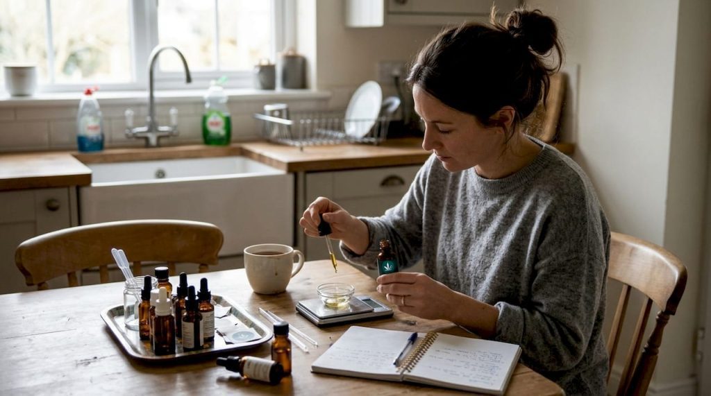 Una mujer prepara una dosis de aceite de CBD en la cocina.