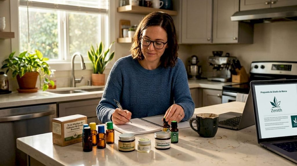 Una mujer analiza y compara diferentes productos de CBD desde la comodidad de su casa.
