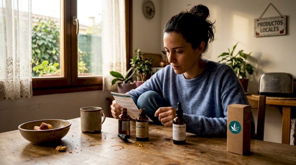 Una mujer revisa varias botellas de CBD sobre la mesa de la cocina, observando con atención las etiquetas y el contenido.