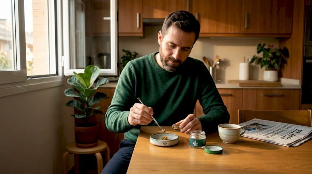 Un hombre incorpora resina de CBD en la preparación de sus platos en la cocina.